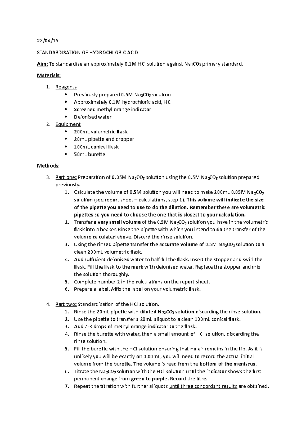 Standardisation of hydrochloric acid - 28/04/15 STANDARDISATION OF ...