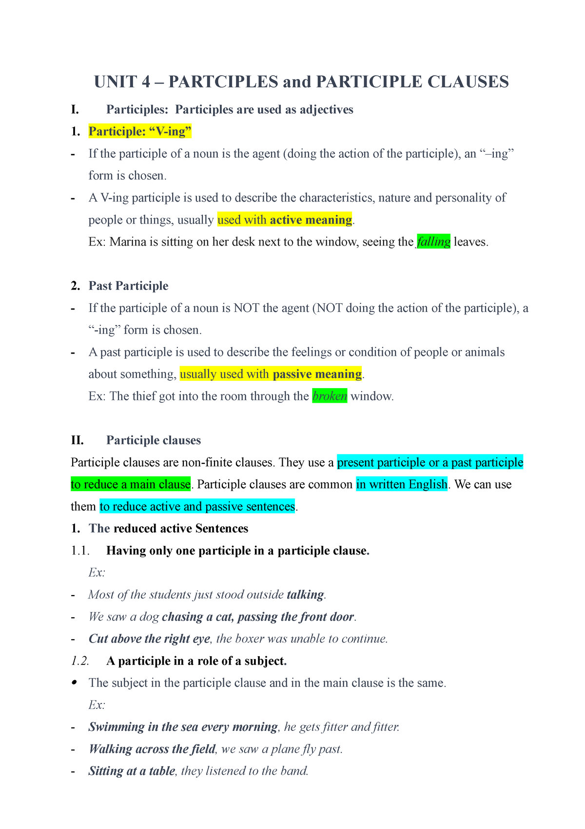 UNIT 4 - Participles and Participle clauses - UNIT 4 – PARTCIPLES and ...