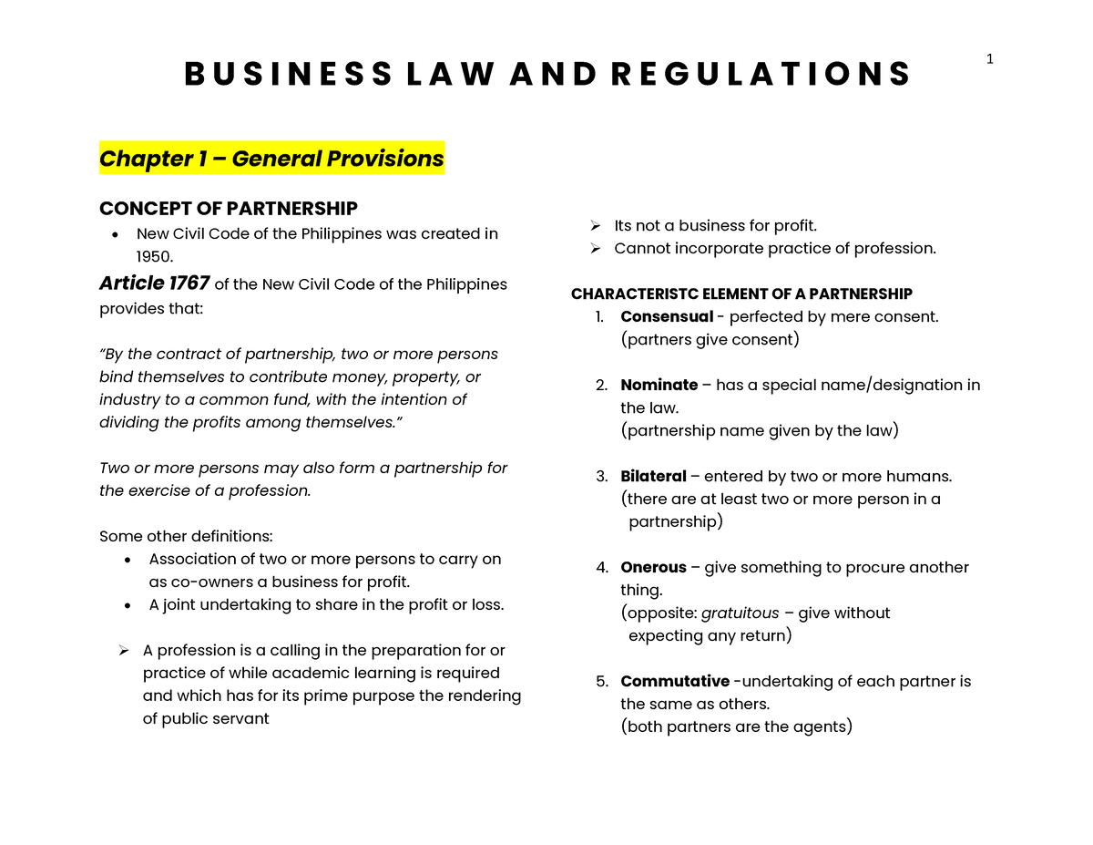 BL&R Notes - BUSINESS LAW AND REGULATIONS REVIEWER - Chapter 1 ...