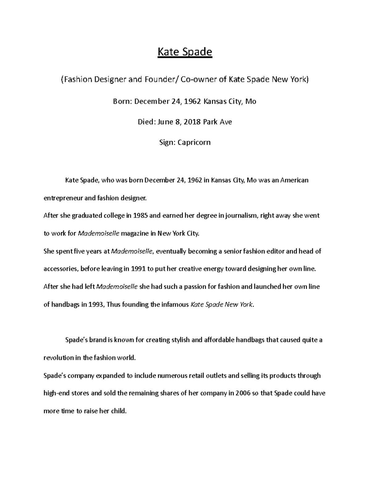 116 Fashion business Practice Hot Topic 2 Kate Spade (Fashion