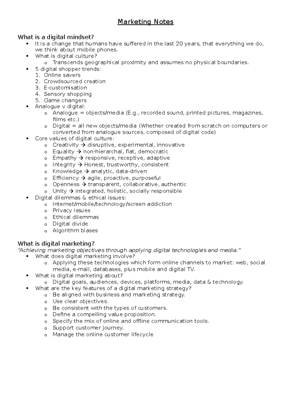 MKTG3506 - Notes - Marketing Notes What is a digital mindset? It is a ...