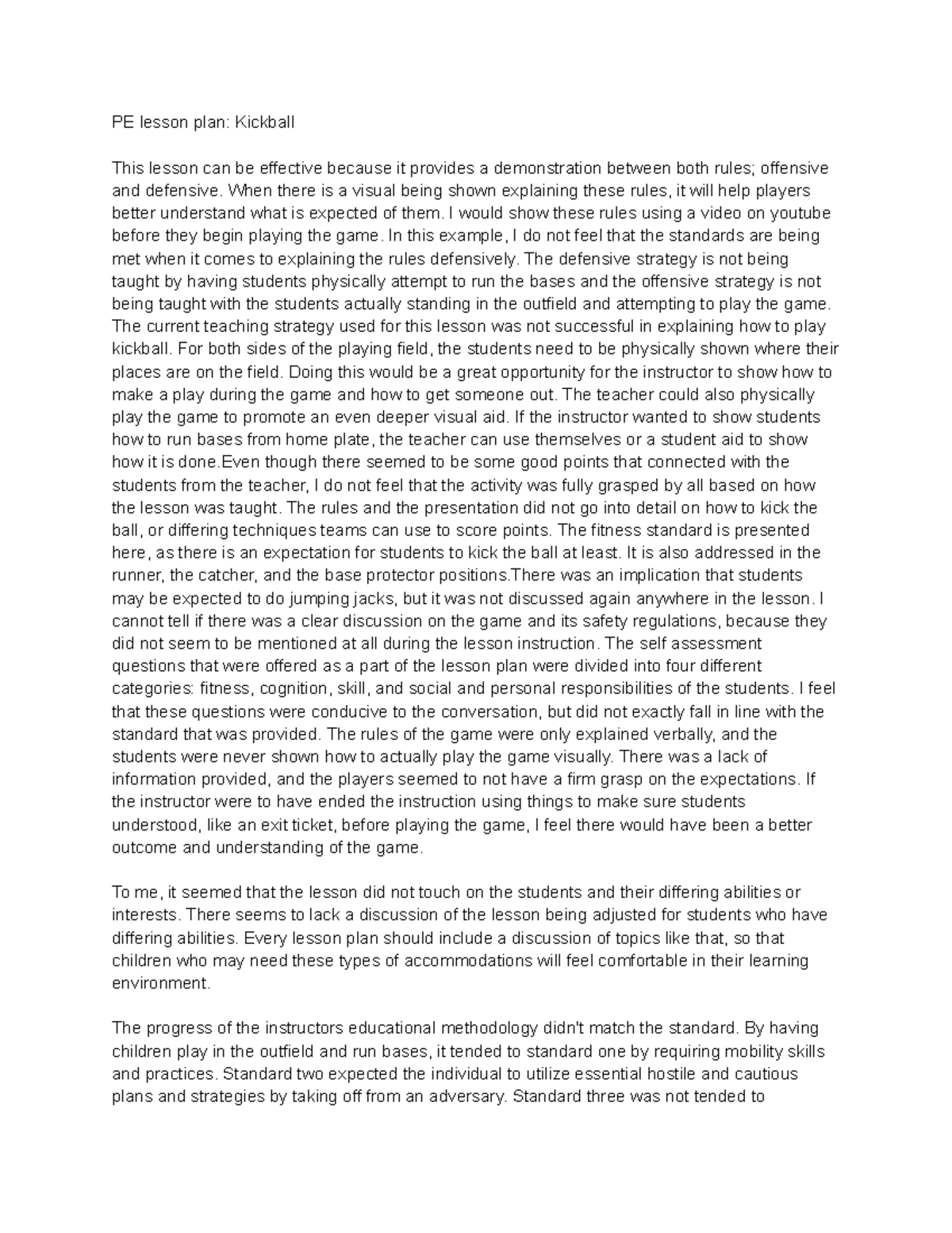 PE lesson plan Kickball PE lesson plan Kickball This lesson can be