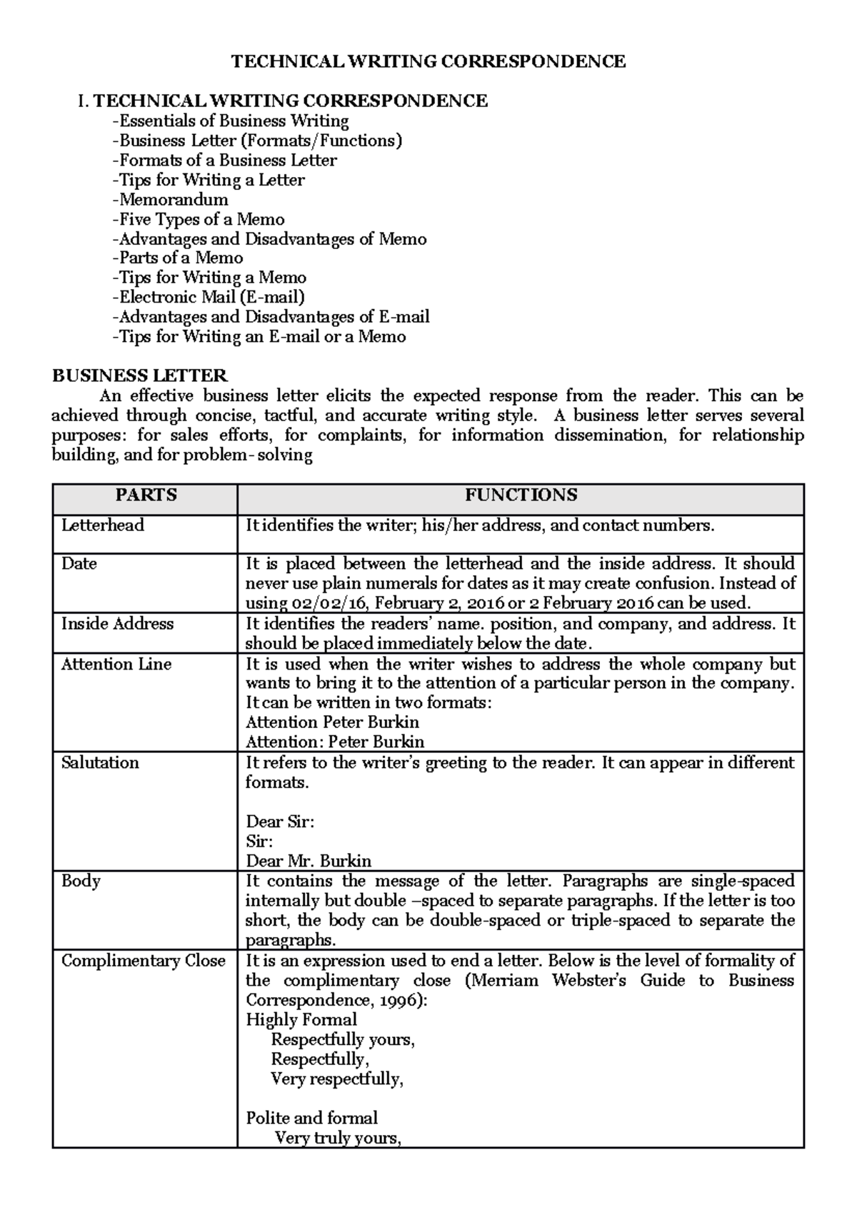 Lecture Notes Ginst Elective 001 - TECHNICAL WRITING CORRESPONDENCE I ...