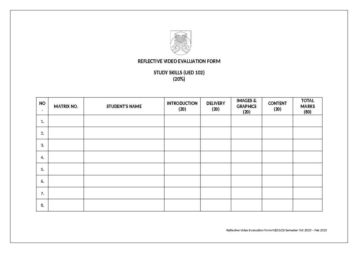 Reflective Video Evaluation FORM - REFLECTIVE VIDEO EVALUATION FORM ...