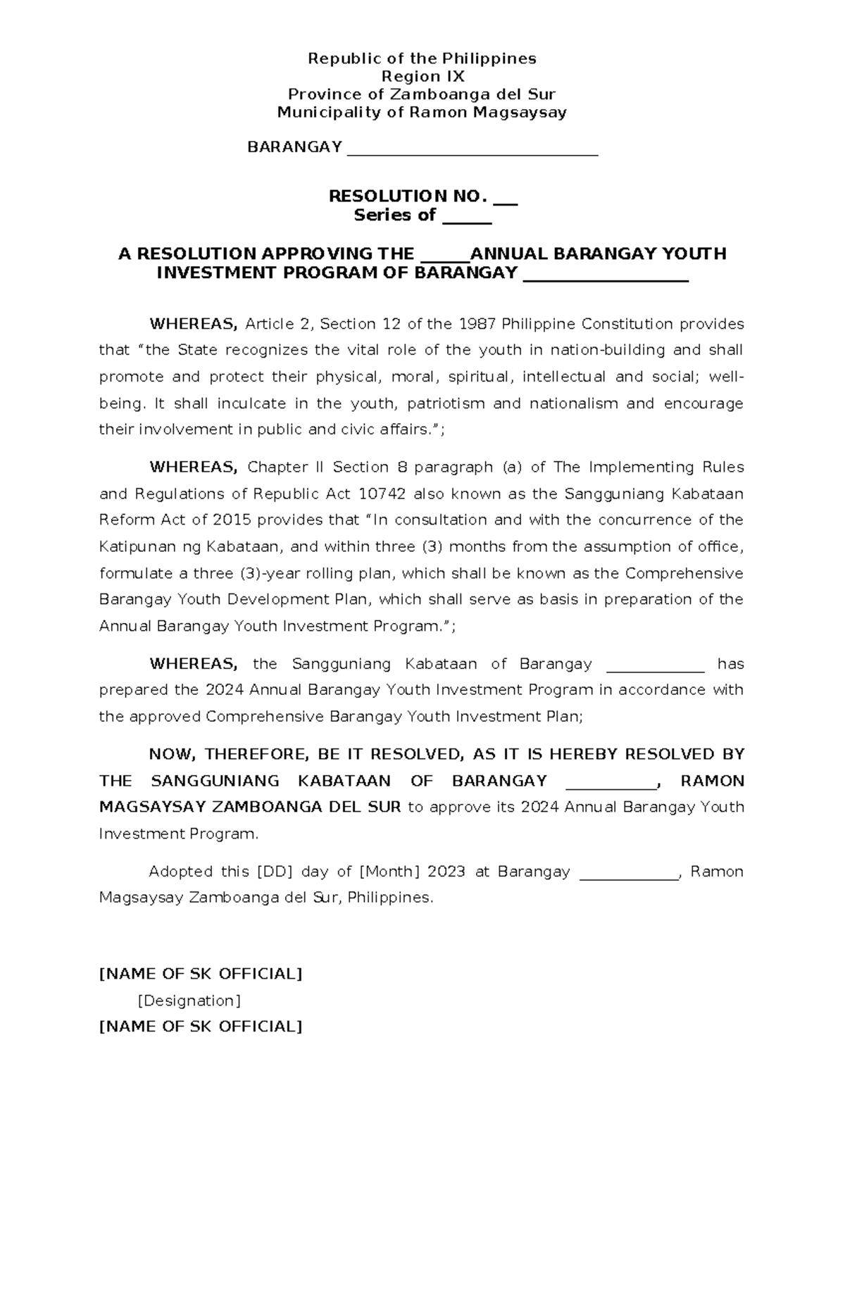 Resolution Template for Abyip - Republic of the Philippines Region IX ...