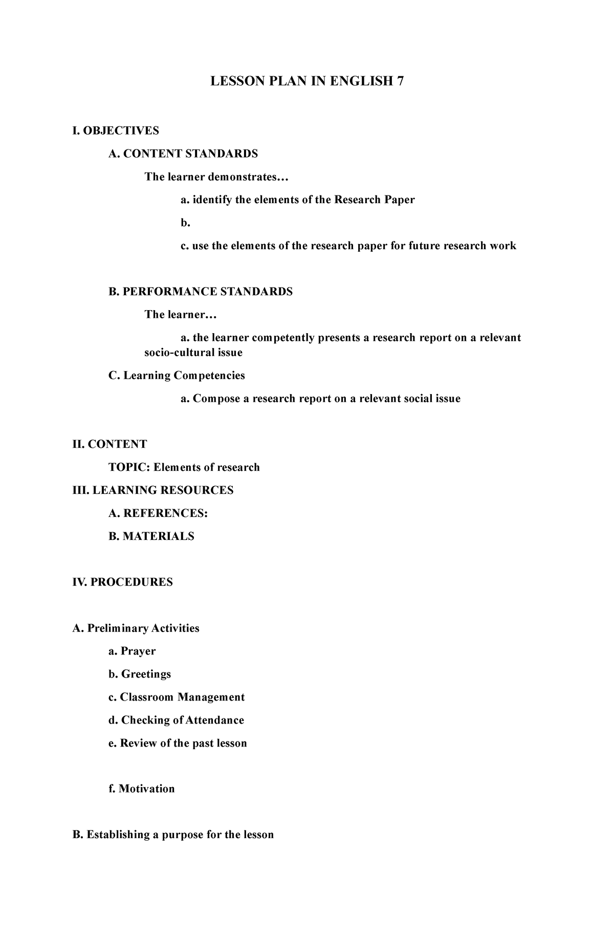 elements of research paper lesson plan