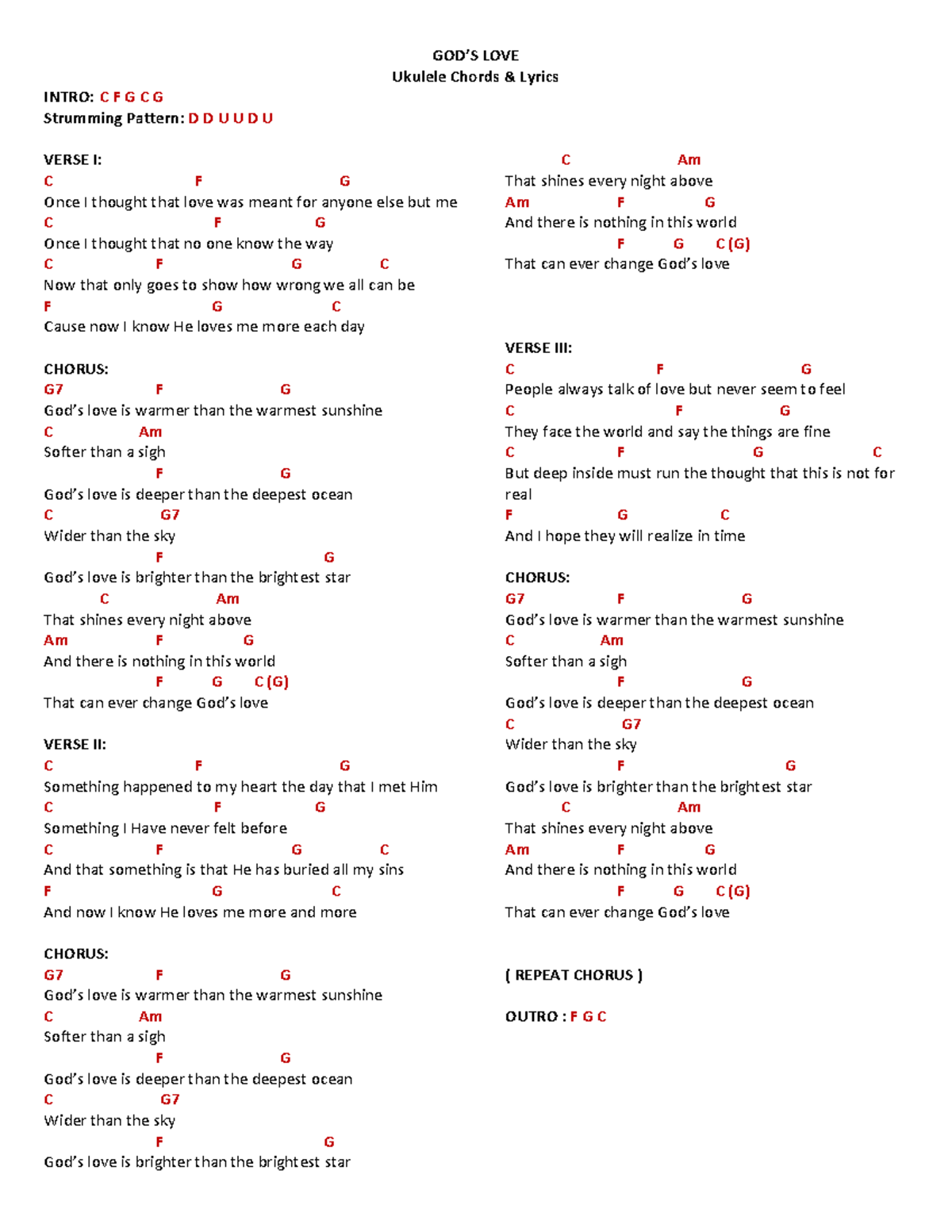 God's Love SONG GOD’S LOVE Ukulele Chords & Lyrics INTRO C F G C G