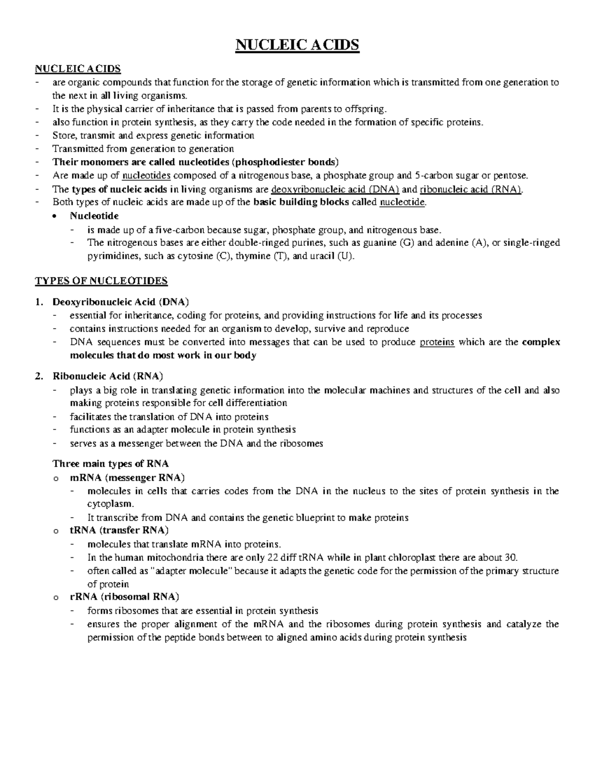 Nucleic Acids Concept Notes Molecular Biology UPHSD Studocu