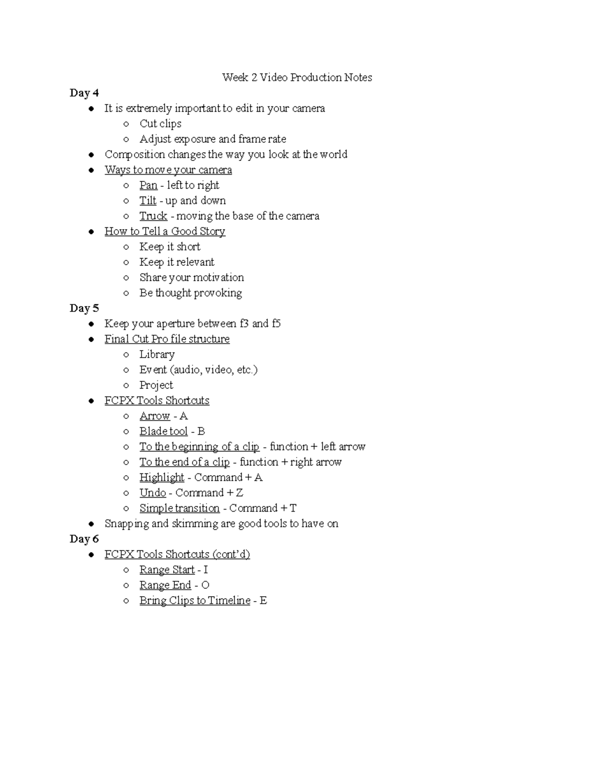 Week 2 Video Production Notes Week 2 Video Production Notes Day 4 It