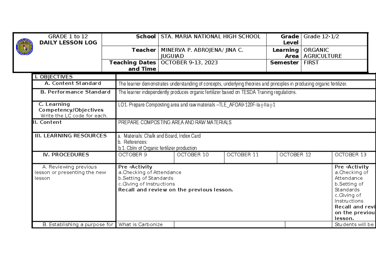 DLP for test and Remedial - GRADE 1 to 12 DAILY LESSON LOG School STA ...