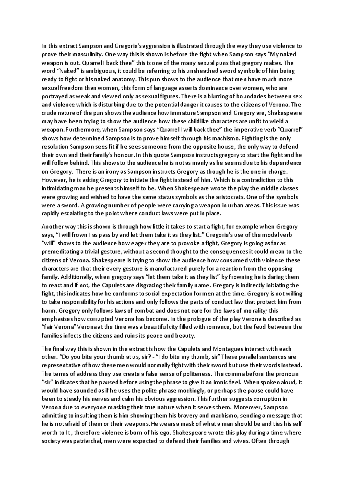 Romeo and juliet exam question - In this extract Sampson and Gregorie's ...