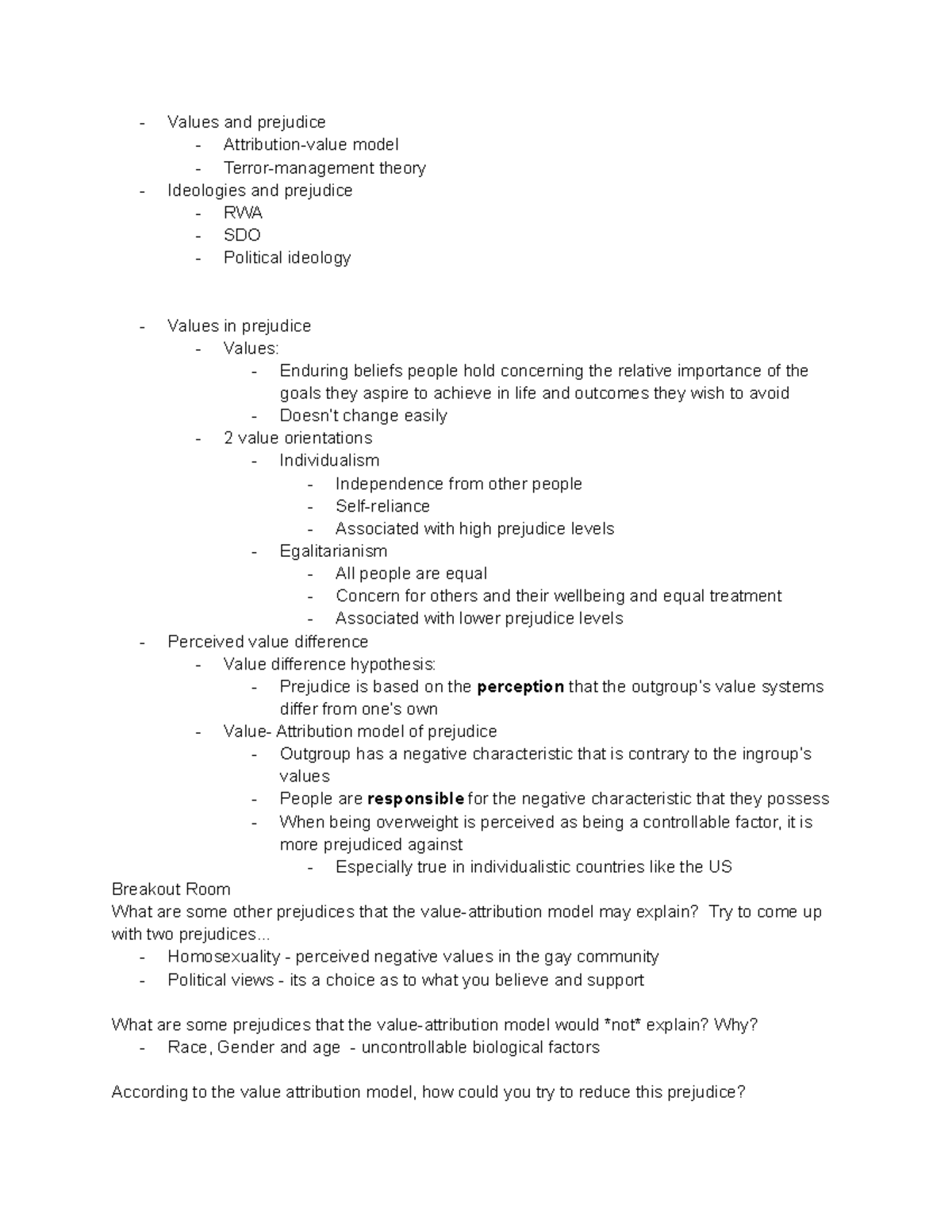 Lecture 6 notes - Values and prejudice Attribution-value model Terror ...