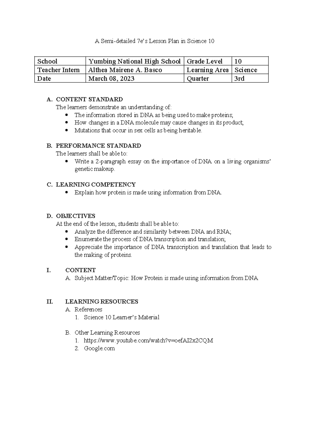 Lesson Plan 1 - CONTENT STANDARD The learners demonstrate an ...