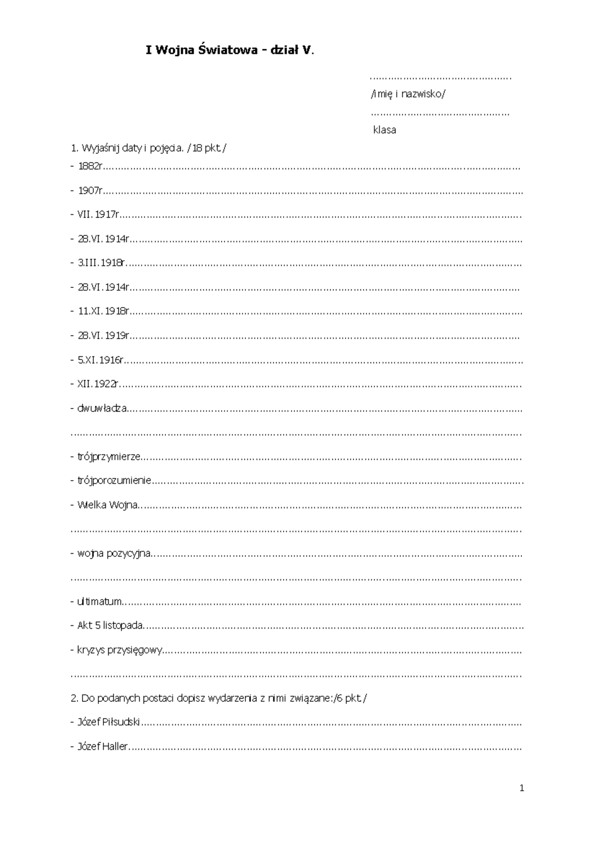Dział Pierwsza Wojna światowa Gimnazjum Sprawdzian