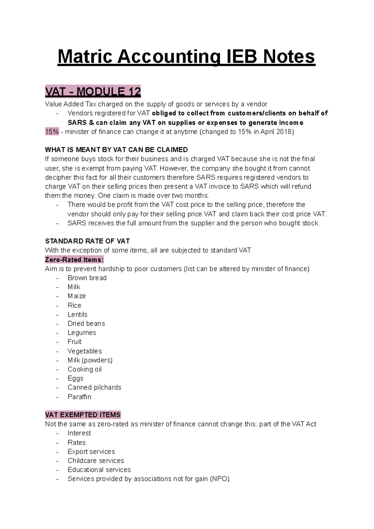 Accounting Notes - Matric Accounting IEB Notes VAT - MODULE 12 Value ...