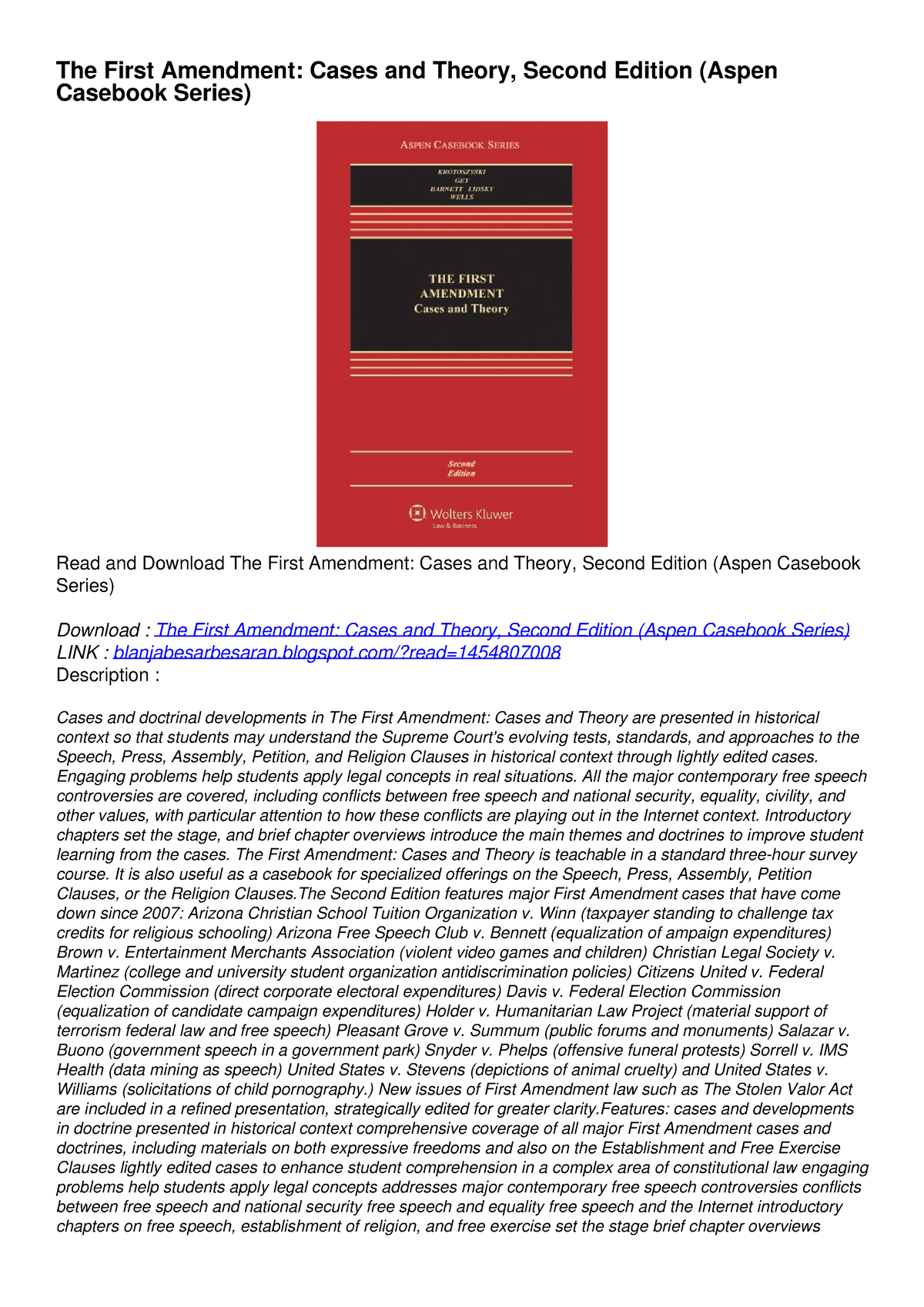 Pdf Kindle Download The First Amendment Cases And Theory Second