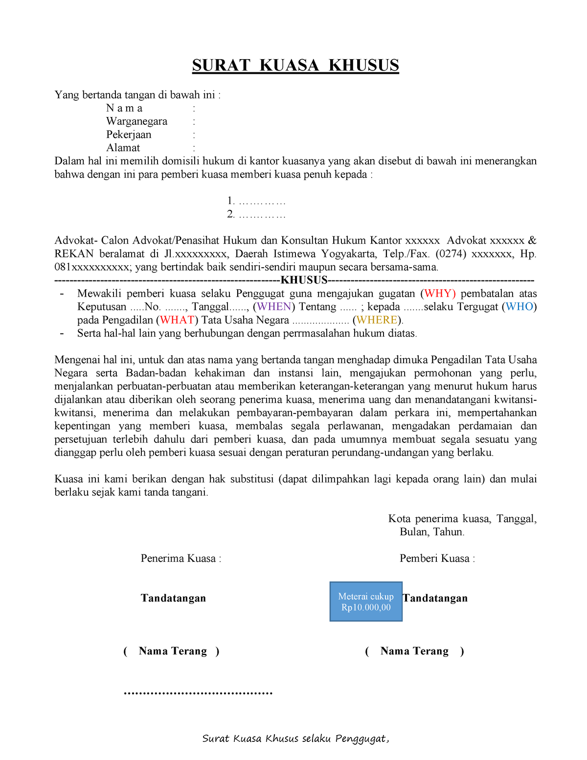 Surat Kuasa Khusus Penggugat Dalam Perkara PTUN - Surat Kuasa Khusus ...