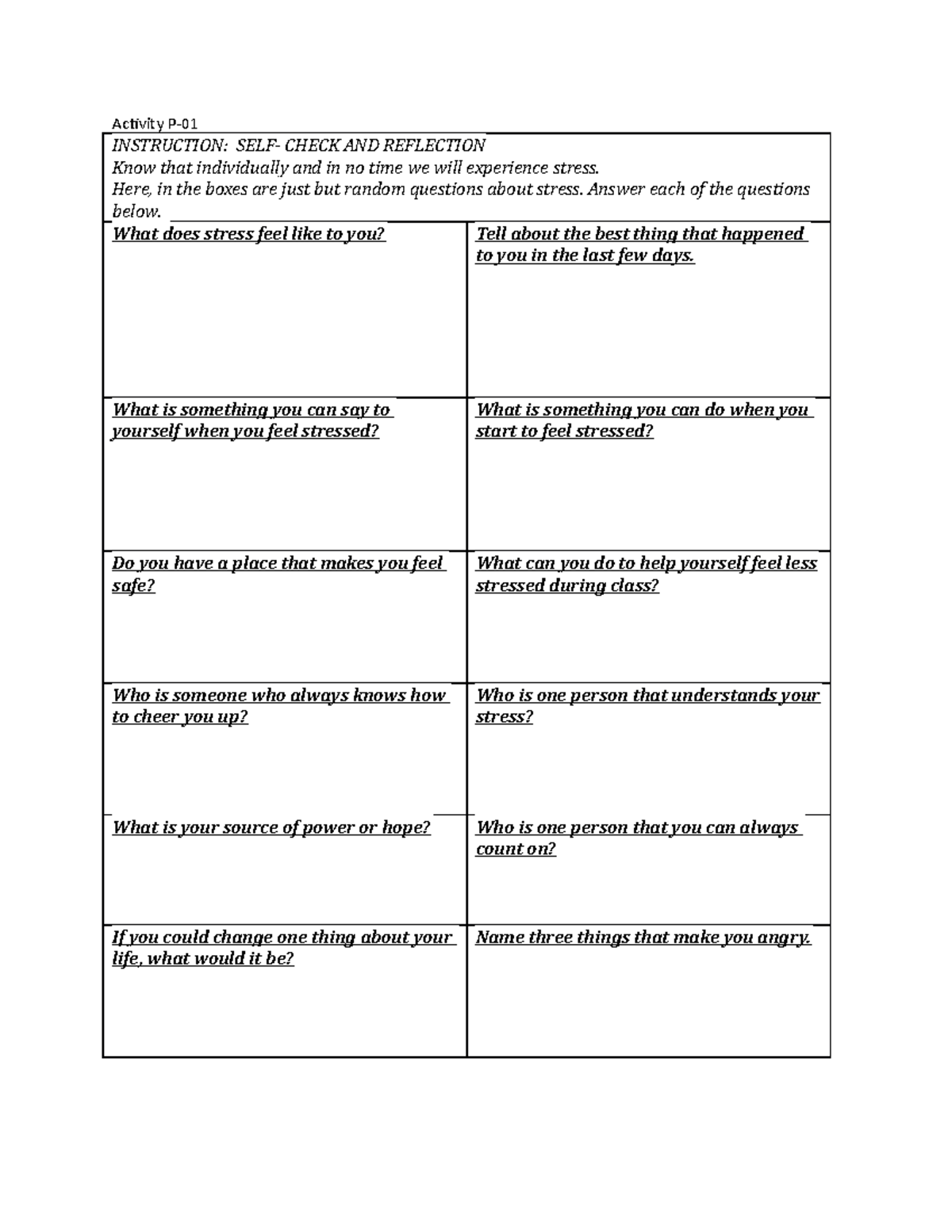 Activity 01 - huh - Activity P- INSTRUCTION: SELF- CHECK AND REFLECTION ...