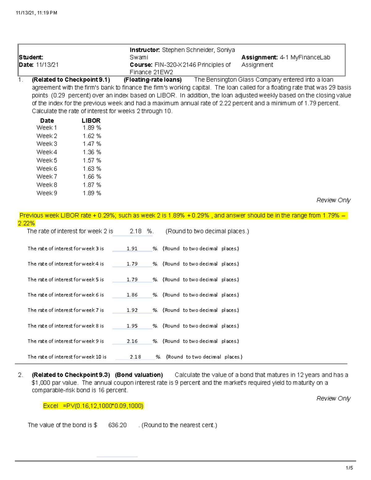 Fin 320 - 4-1 MyFinanceLabAssignment - Week4 - 11:19 PM Instructor ...