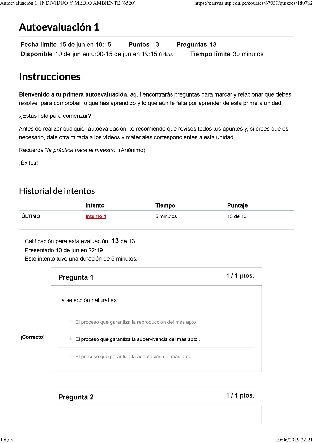 Autoevaluación 1 Individuo Y Medio Ambiente (6520) - Fecha Límite15 De ...