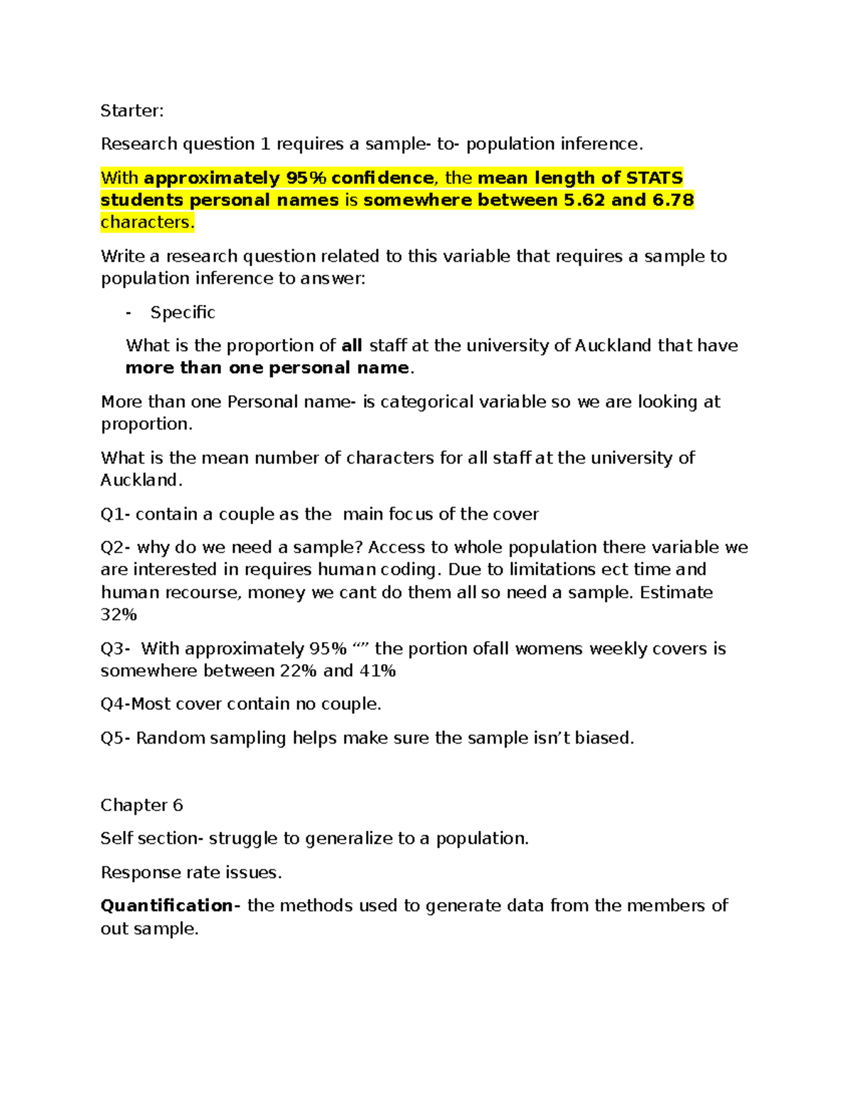 Stats 101 chapter 5 notes - Starter: Research question 1 requires a ...