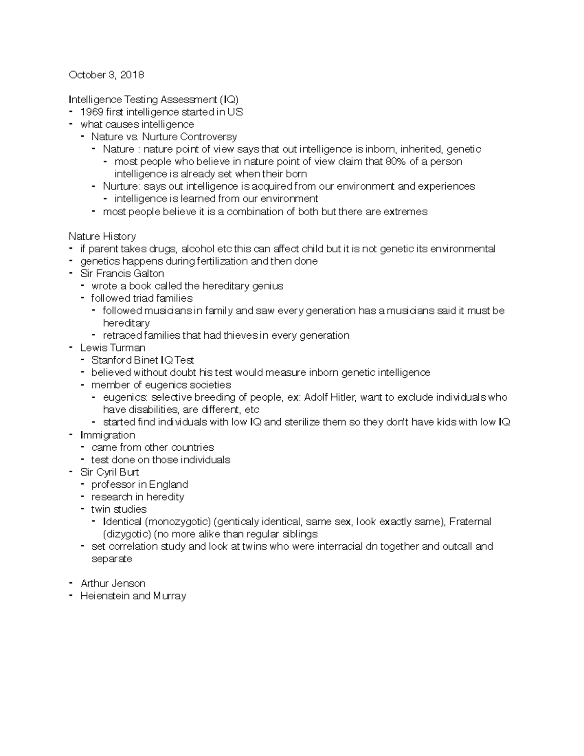 Lecture 7 Notes - October 3, 2018 Intelligence Testing Assessment (IQ ...