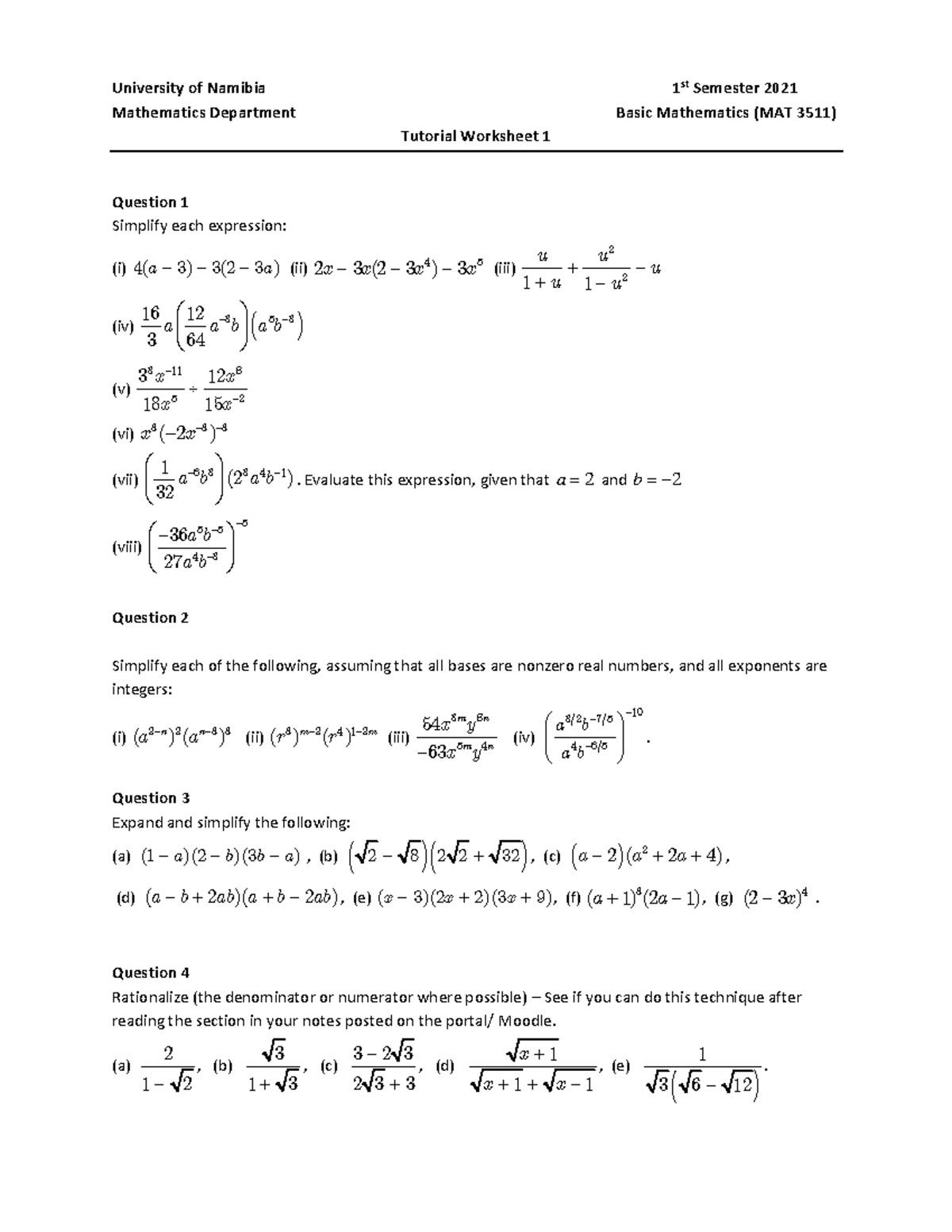 Tutorial Worksheet 1 - 2021 - University of Namibia 1 st Semester 2021 ...