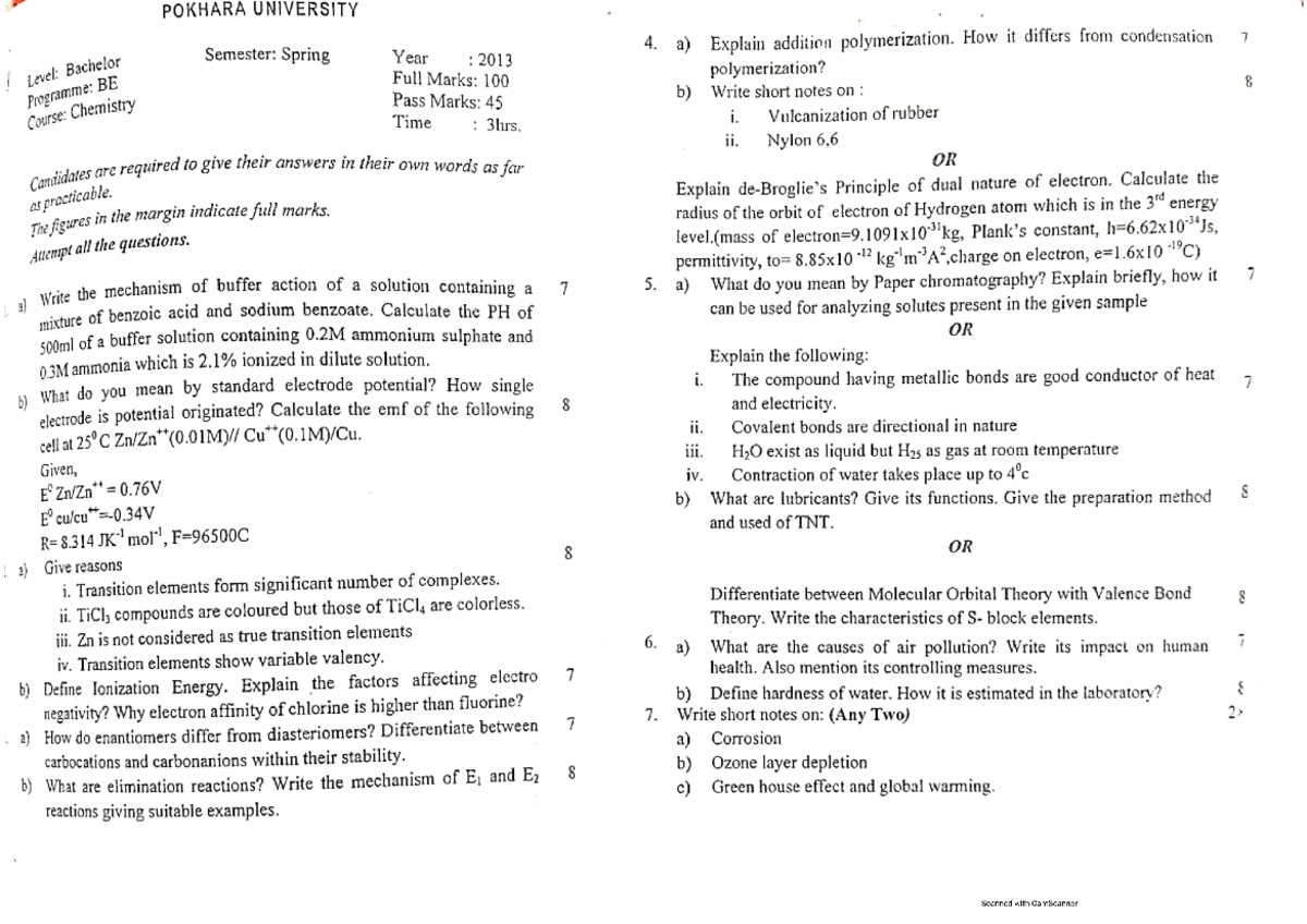 Engineering Chemistry 10 past papers - Civil Engineering - Studocu