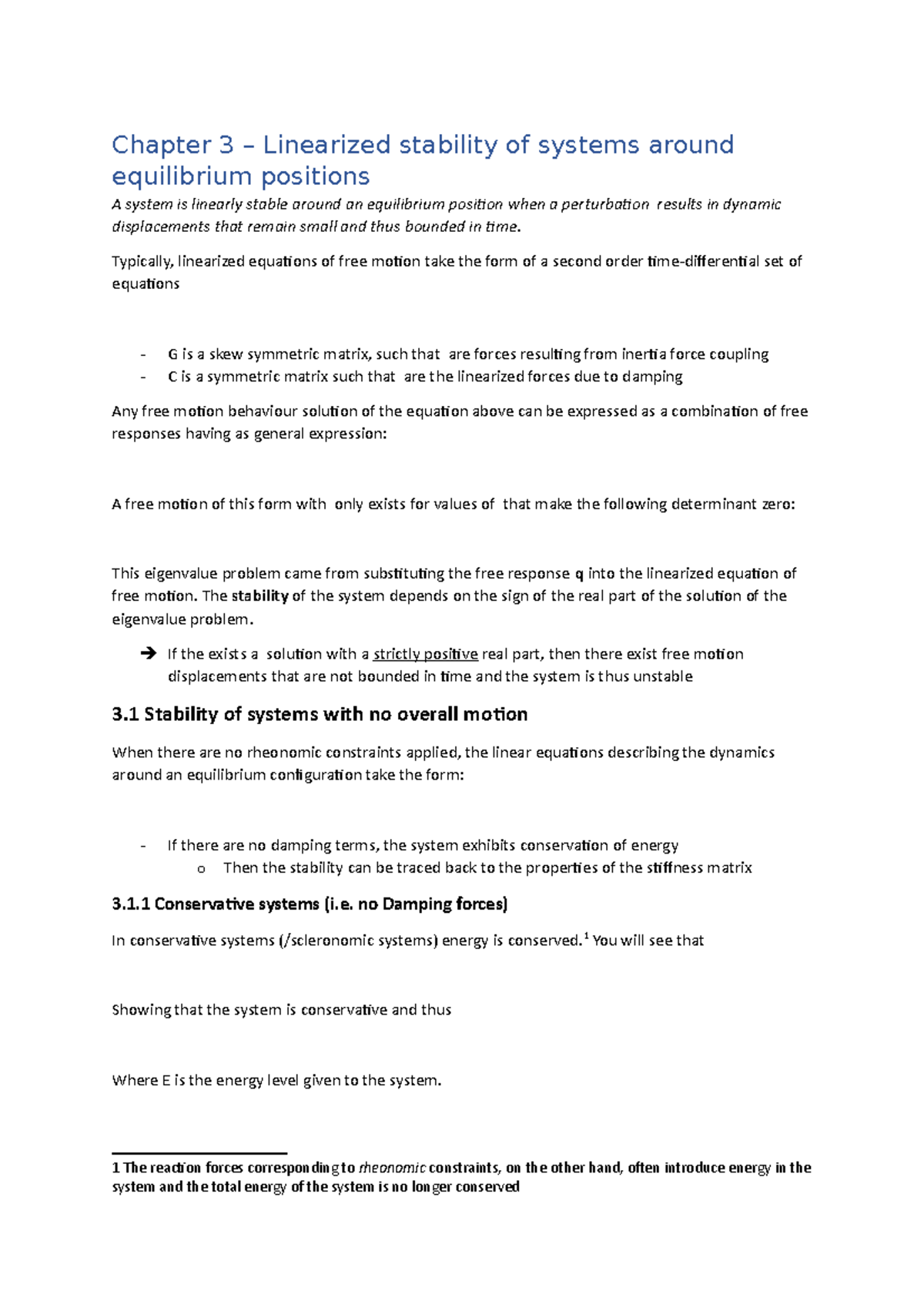 Summary Chapter 3 ED book Chapter 3 Linearized stability of systems