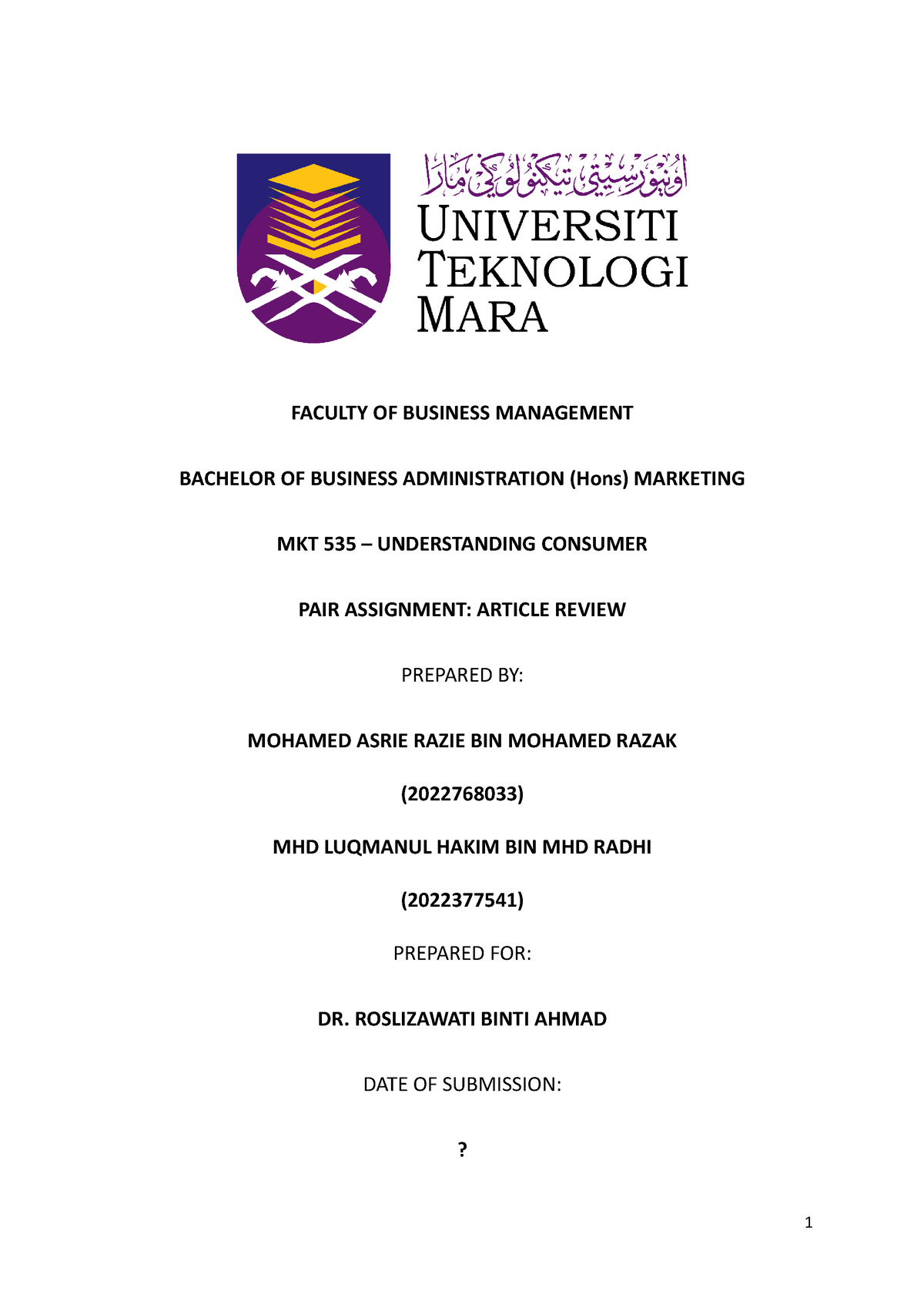 Pair Assignment 1 (Articles Review) MKT535 - FACULTY OF BUSINESS ...