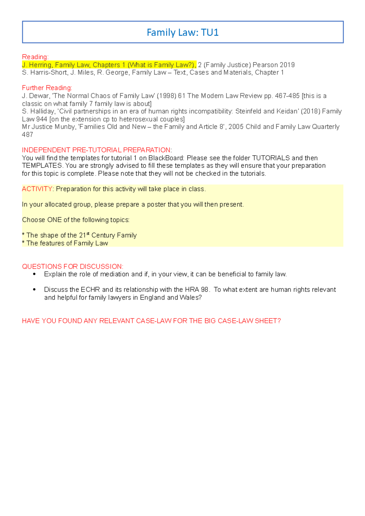 Family TU1 preparation for tutorial 1 Reading J. Herring, Family