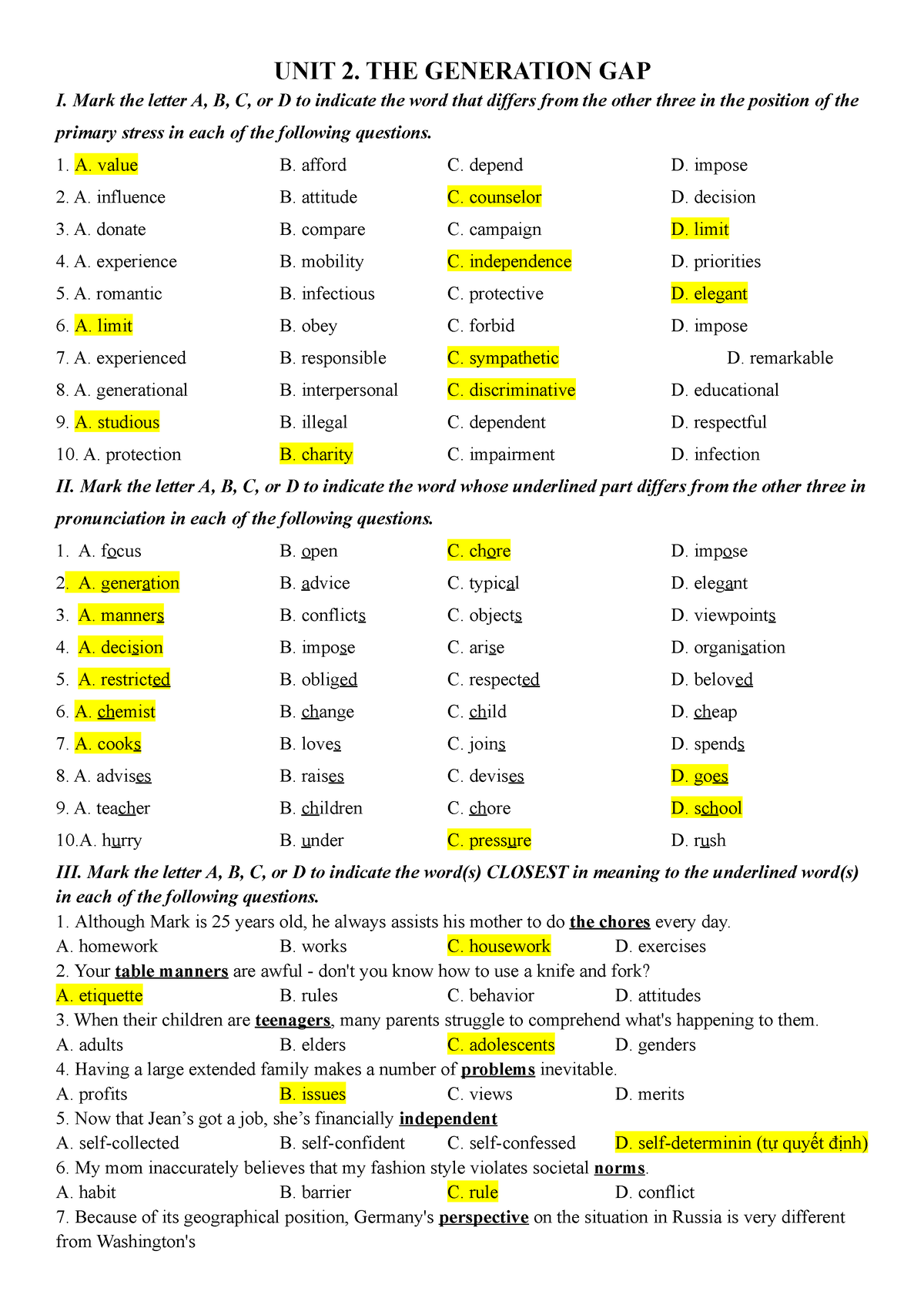 UNIT2 Review Key - Exercises - UNIT 2. THE GENERATION GAP I. Mark The ...