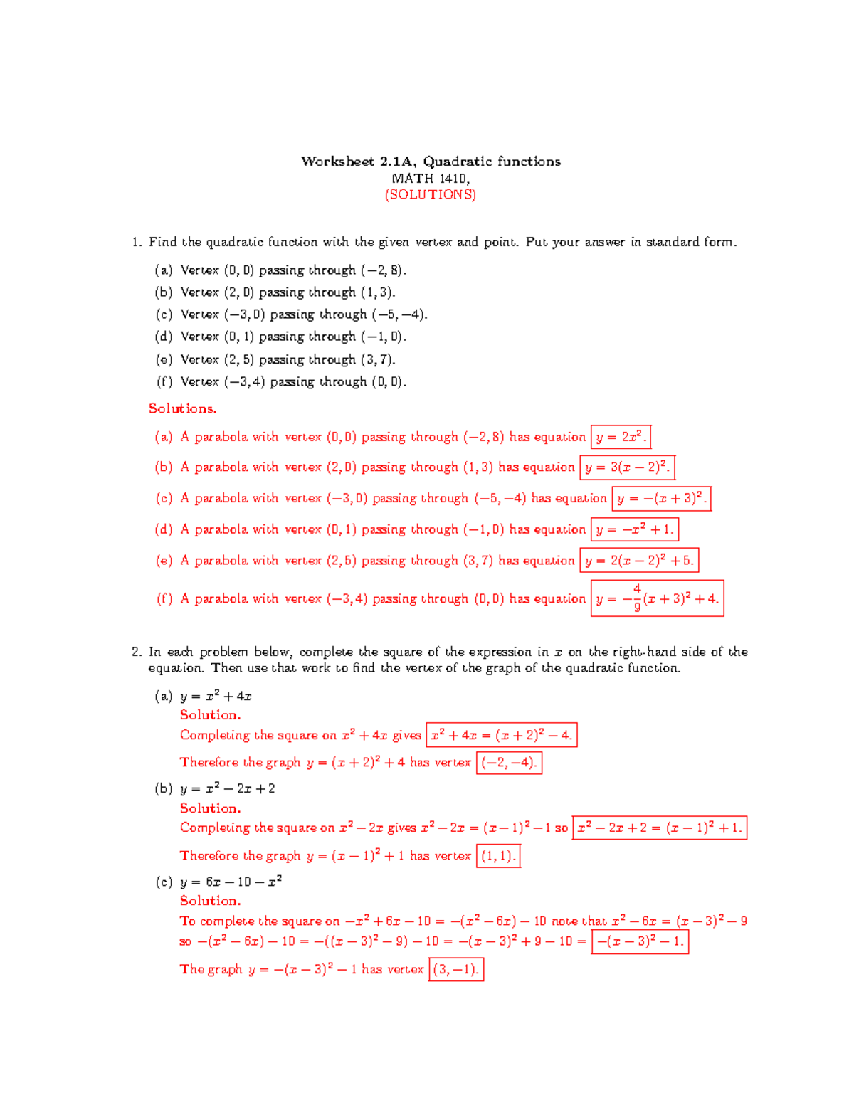 WS Soln 2 1A Quadratic Functions math answer key - Worksheet 2 ...
