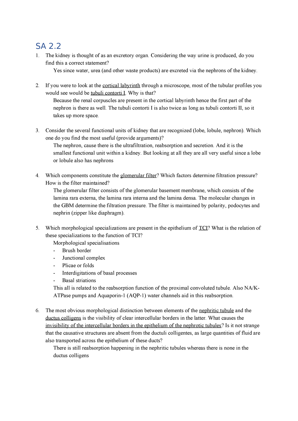 Selfstudy Assignment 2.2 answers - SA 2. The kidney is thought of as an