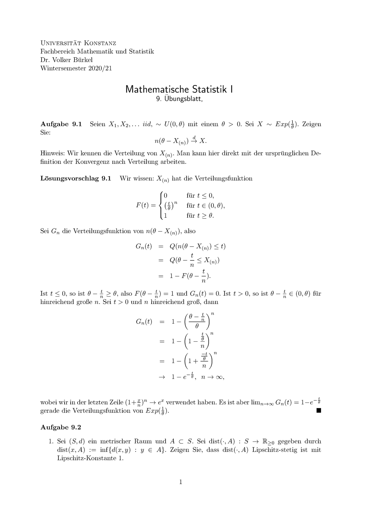 Lsg 9. Ubungsblatt Mathematische Statistik I - Test Test Universit ̈at ...