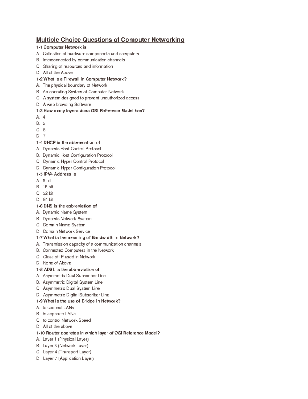 Multiple Choice Questions of Computer Networking Collection of