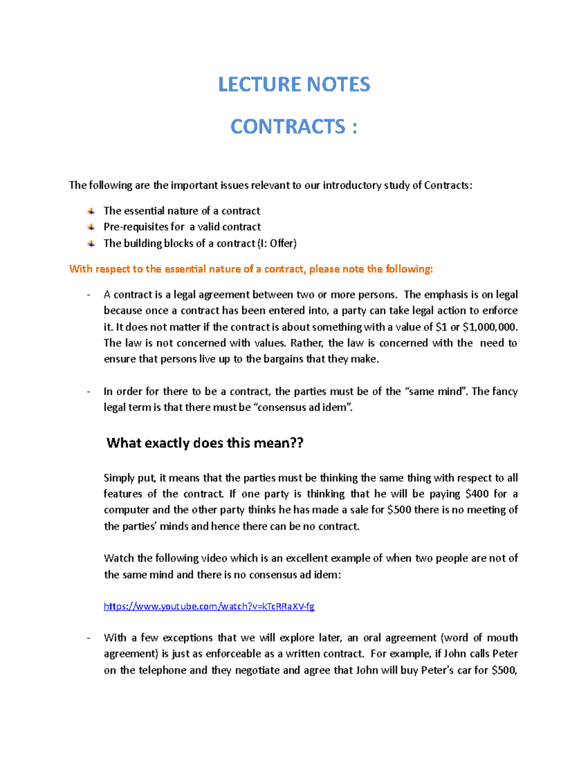 Business Law. Lecture Notes On Contracts - LECTURE NOTES CONTRACTS ...