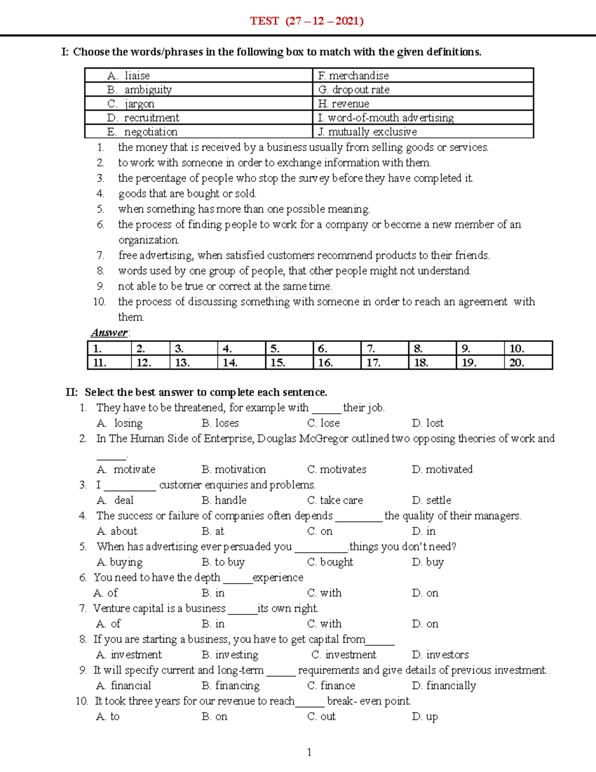 1. TEST(27 - 12 - 2021) - bài test - TEST (27 – 12 – 2021) I: Choose ...