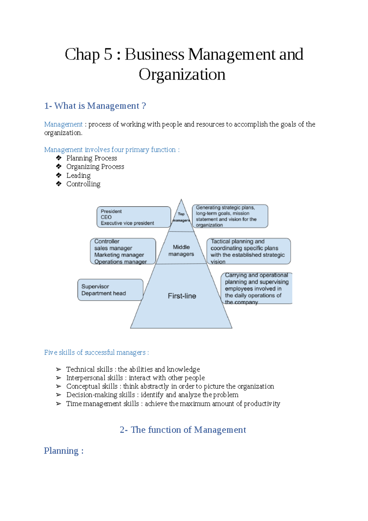 Chap 5 Main function - Chap 5 : Business Management and Organization 1 ...
