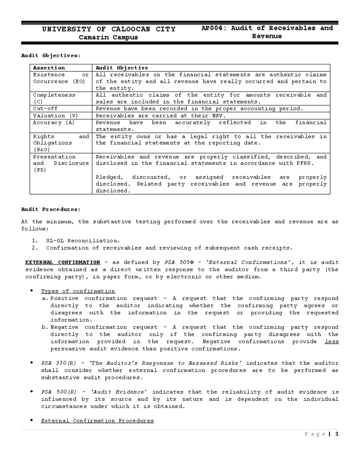 AP0004 Audit of Receivables and Revenue - UNIVERSITY OF CALOOCAN CITY ...