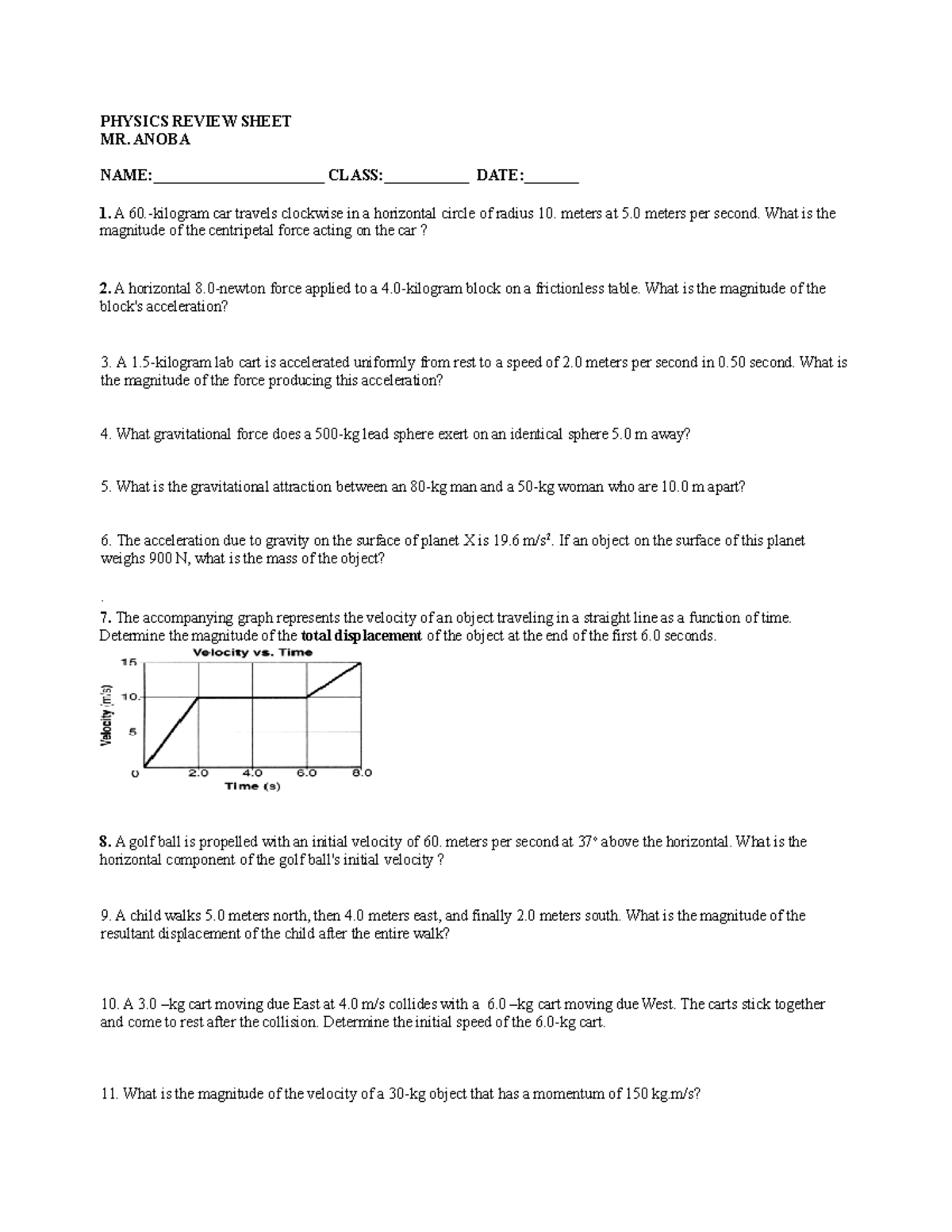 Physics Midterm EXAM Review Sheet Term 1 - PHYSICS REVIEW SHEET MR ...