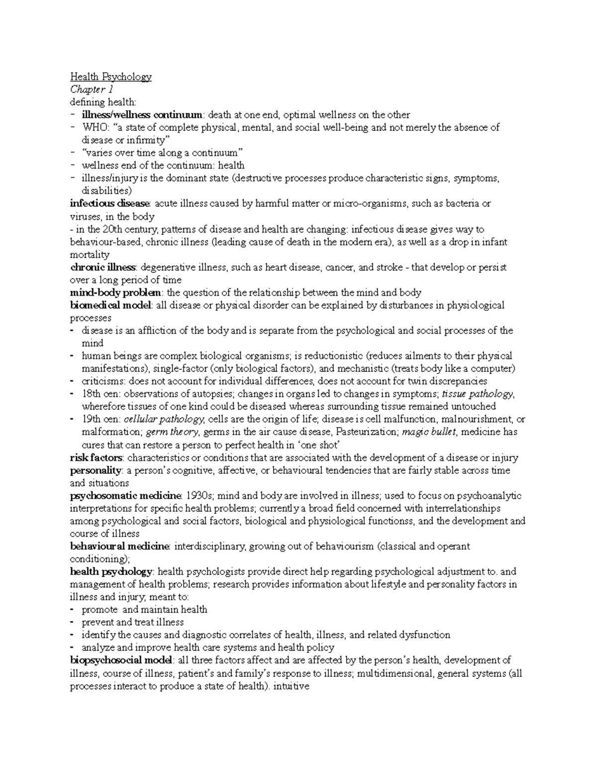 Health Psyc Midterm 1 Notes - Health Psychology Chapter 1 defining ...
