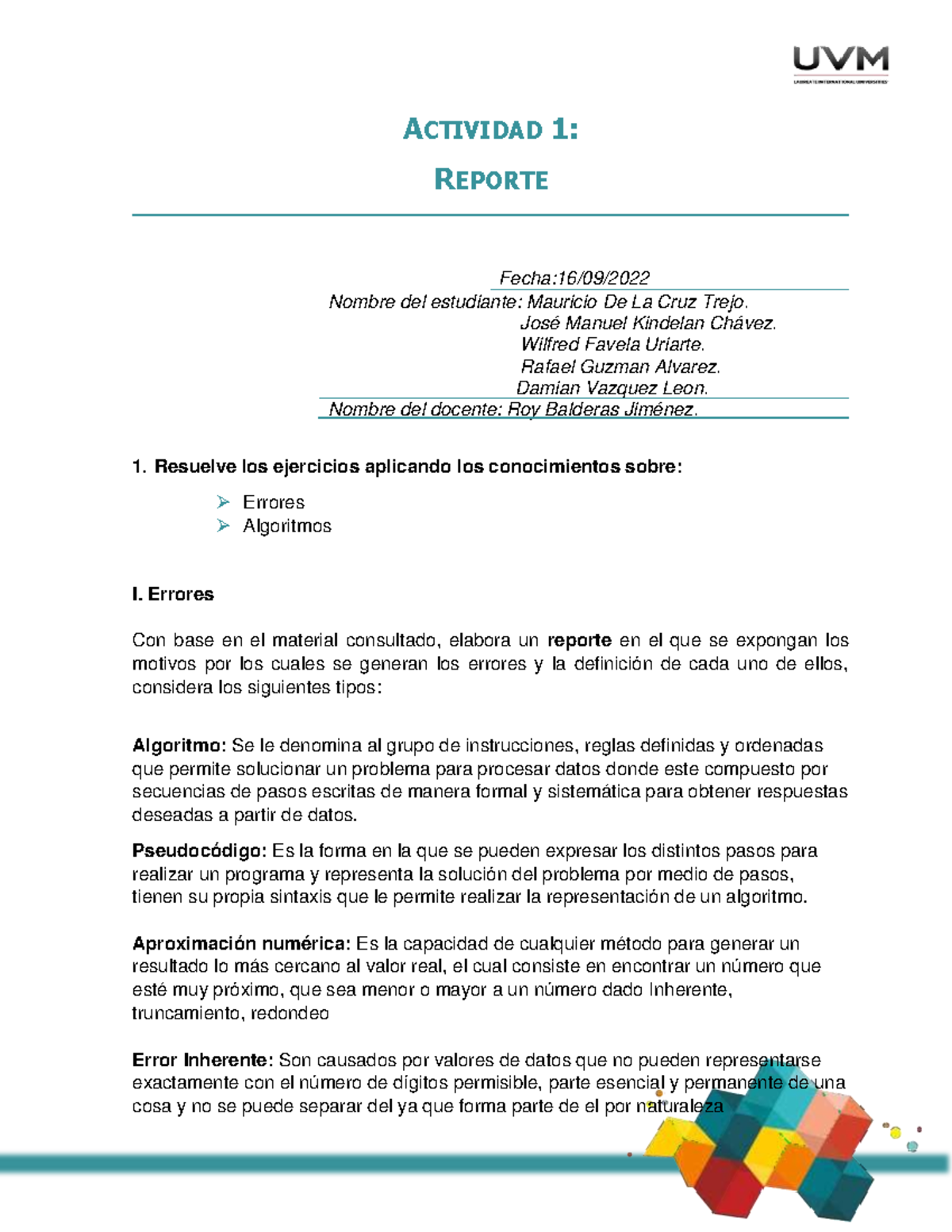 Actividad 1 del curso metodos numericos - ACTIVIDAD 1: REPORTE Fecha:16 ...