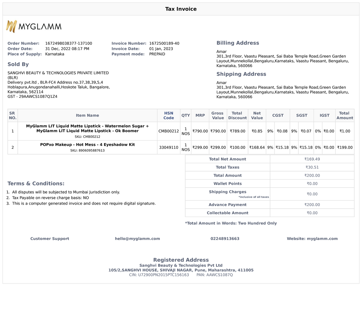 My Glamm Invoice 1672500189-40 - Tax Invoice Order Number ...