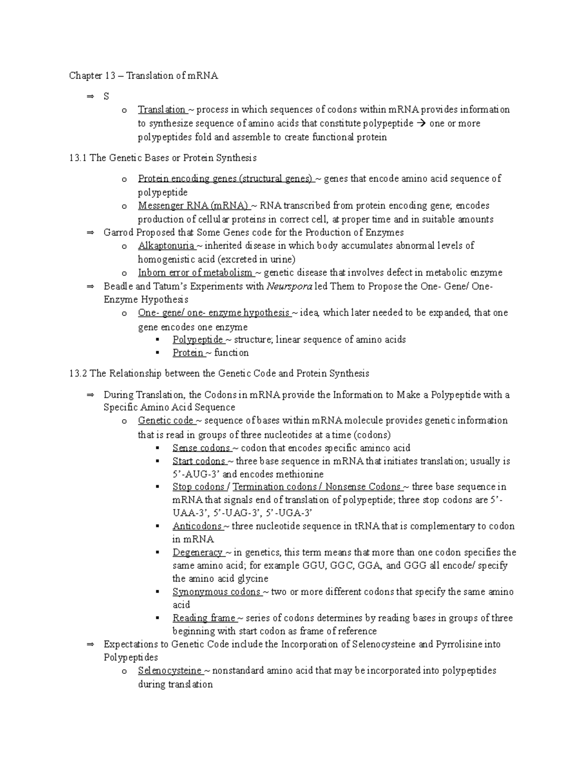 Chapter 13 - Translation of m RNA - Chapter 13 – Translation of mRNA S ...