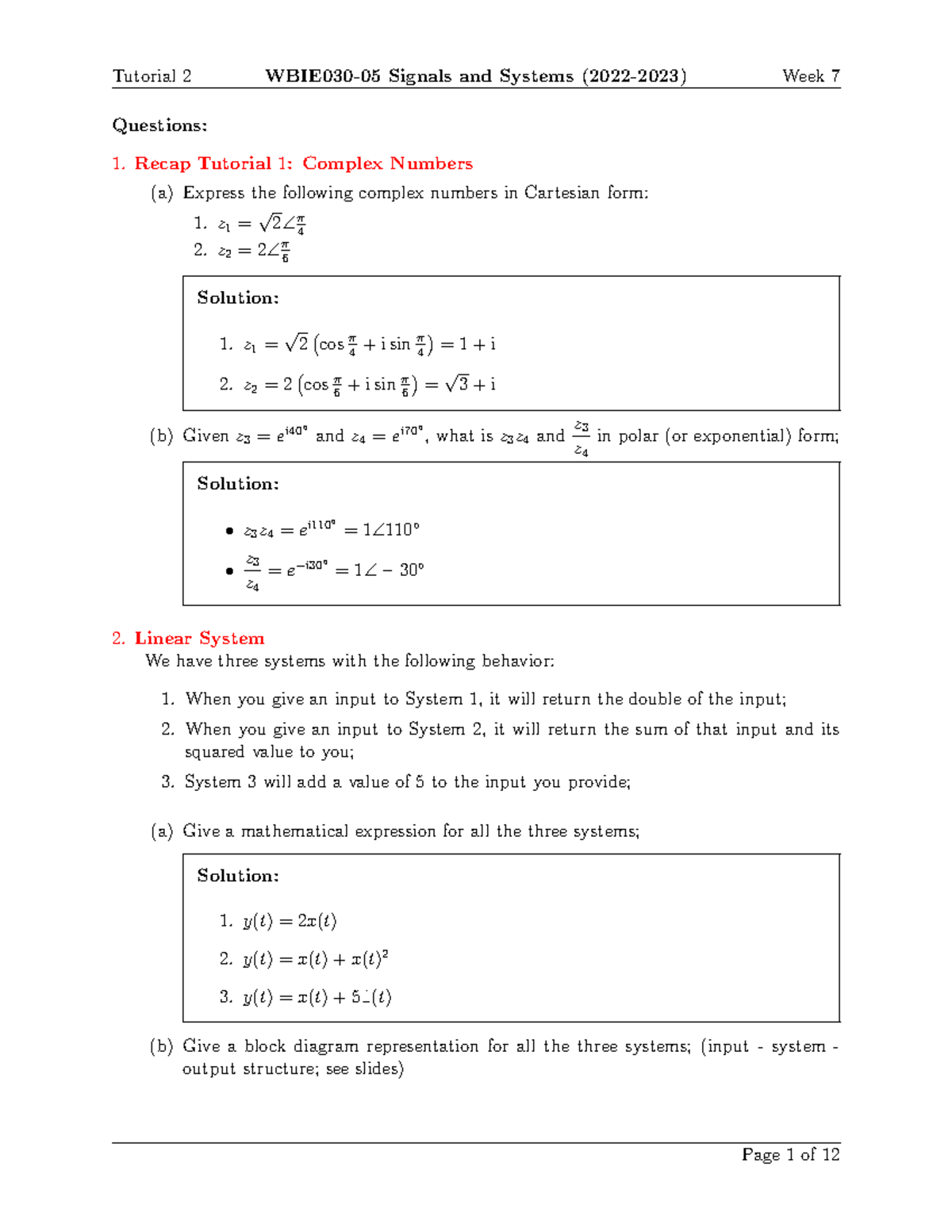 Sen S Tutorial 2 QA - Questions: Recap Tutorial 1 : Complex Numbers (a ...