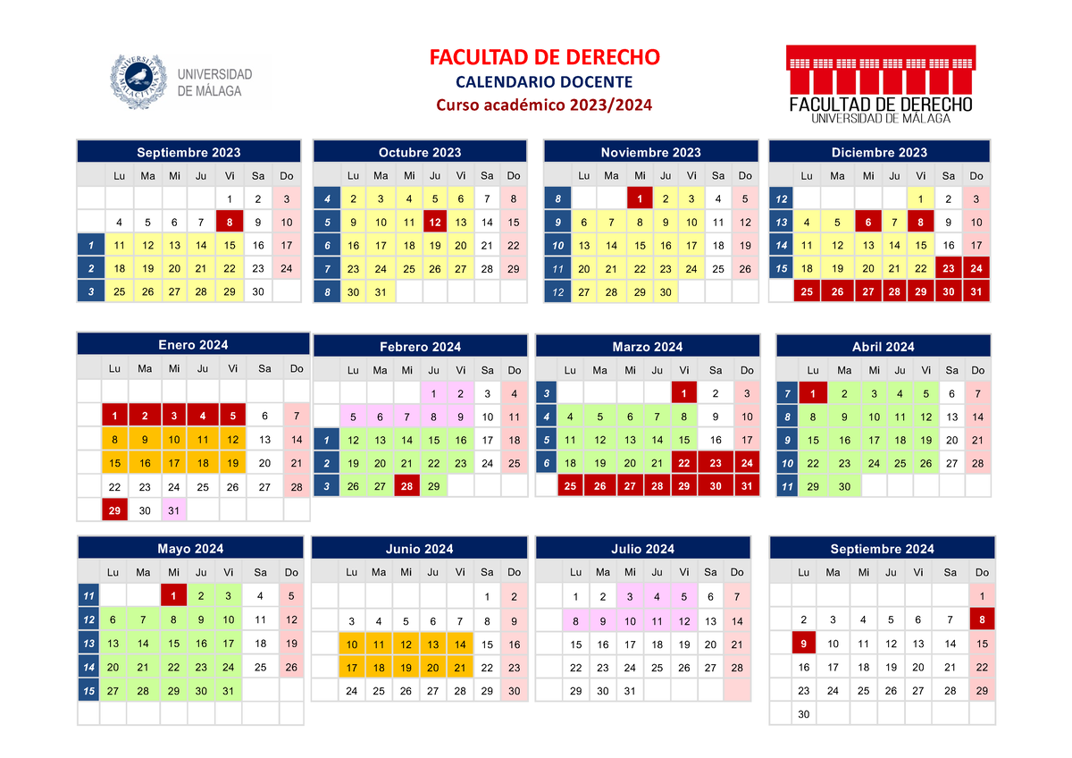 Calendario academico 2023 2024 Lu Ma Mi Ju Vi Sa Do FACULTAD DE