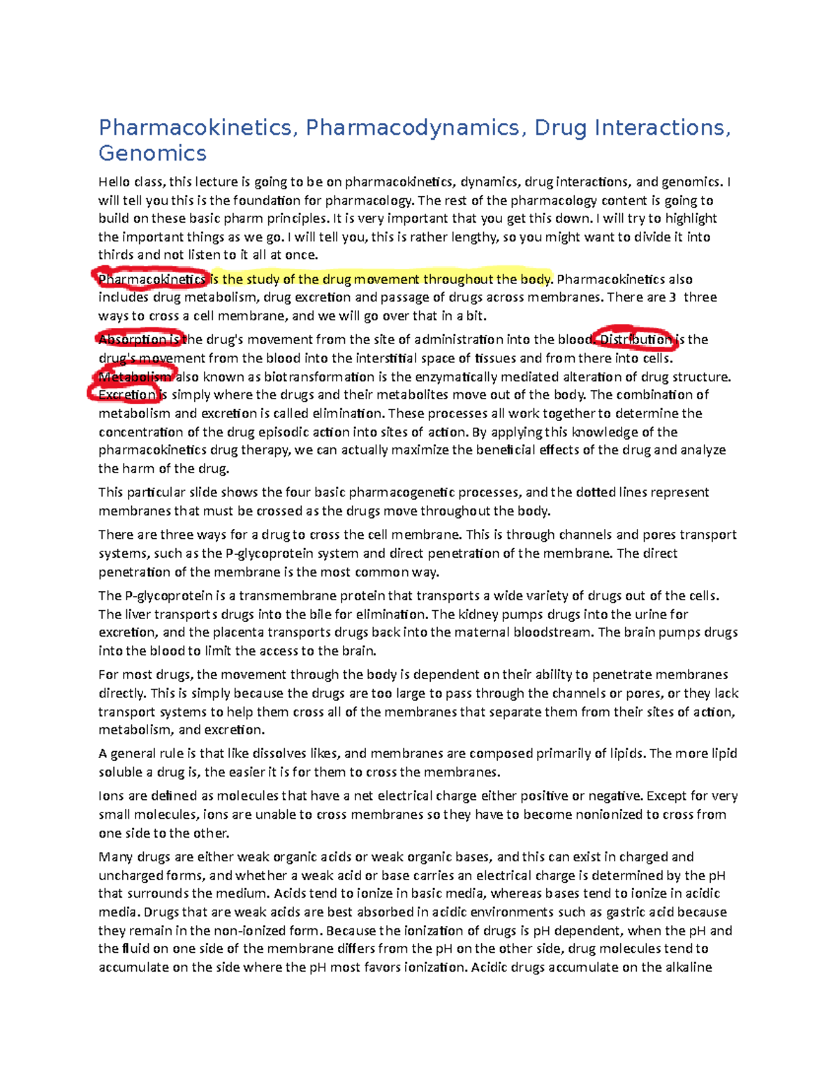 Pharm+Priniciples+2021+transcript - Pharmacokinetics, Pharmacodynamics ...