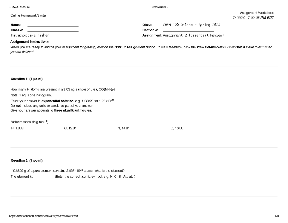 Assignment 2 - practice - Online Homework System Assignment Worksheet 7 ...