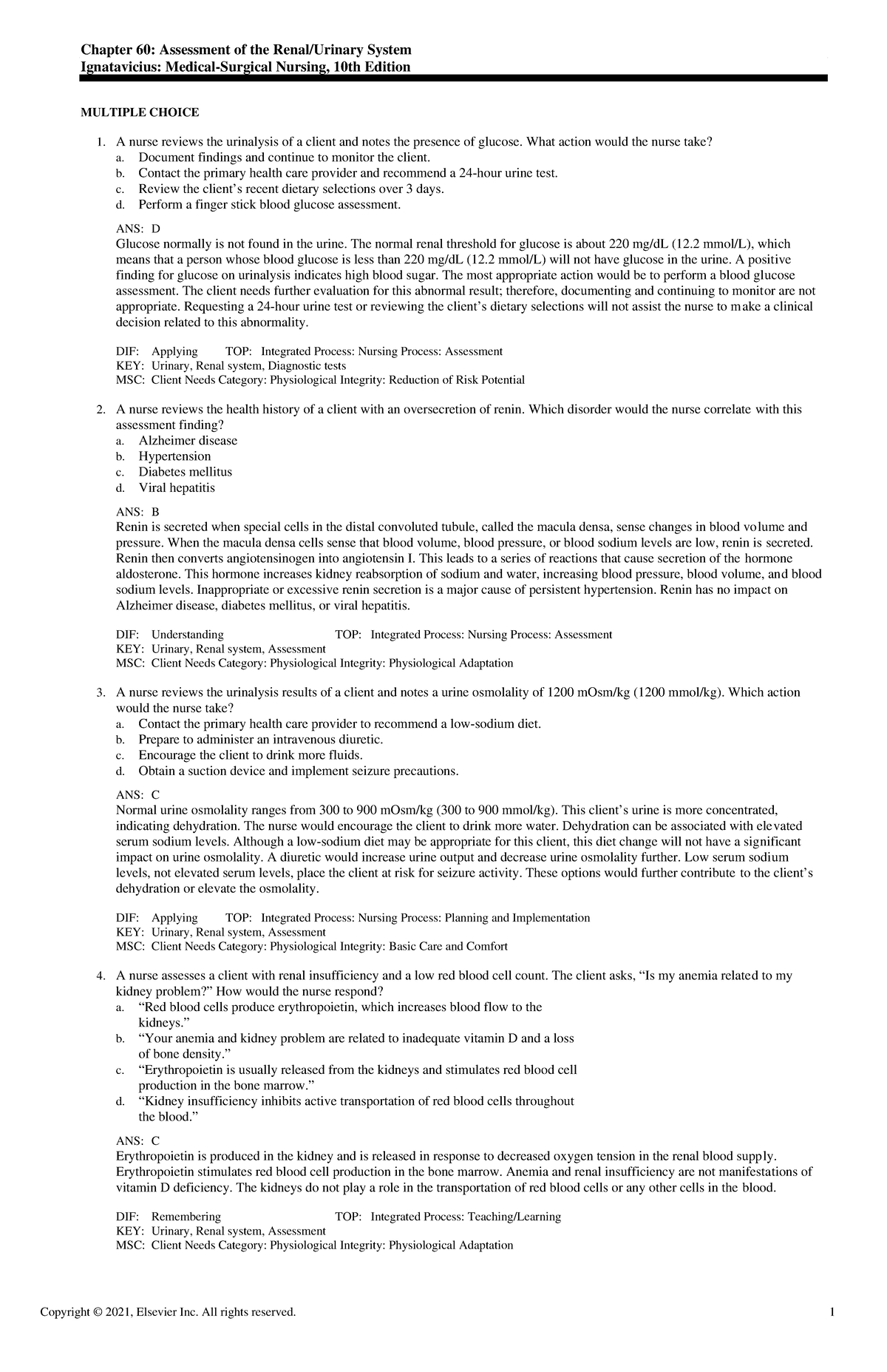 Exam View - Chapter 60 - Assessment of The Renal/Urinary System ...